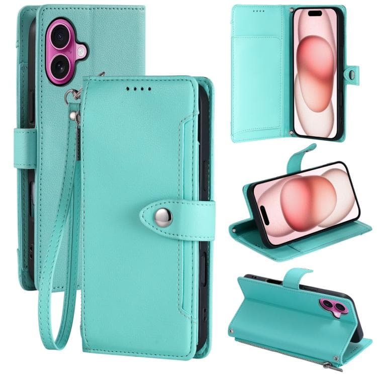 For iPhone 16 Litchi Texture Zipper Wallet Buckle Vegan Leather Phone Case with Wrist Strap(Lake Blue) - Immagine 1