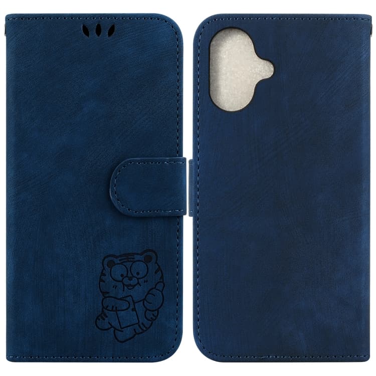 For iPhone 16 Little Tiger Embossed Leather Phone Case(Dark Blue) - Immagine 1
