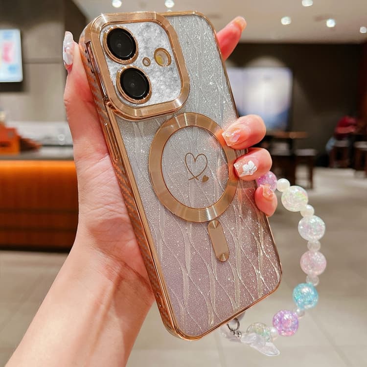For iPhone 16 Loves Leaves Gradient Glitter Bracelets Carbon Fiber Magsafe TPU Phone Case(Gold) - Immagine 1