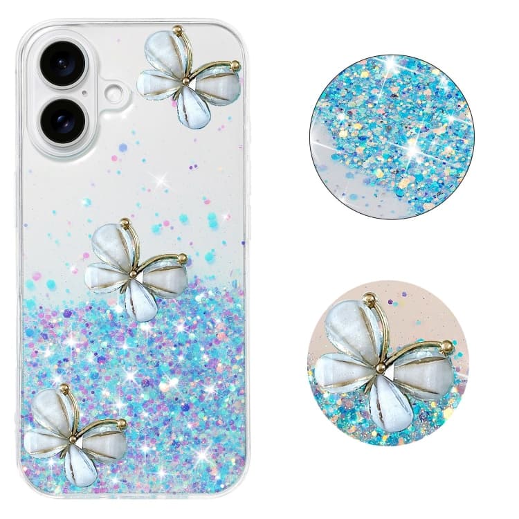 For iPhone 16 Luminous Starry Sky Glitter Butterfly TPU Phone Case(Blue) - Immagine 1