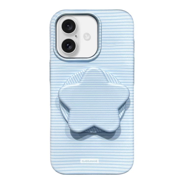For iPhone 16 Macaron Striped Full Coverage PC Phone Case with Star Holder(Blue) - Immagine 1