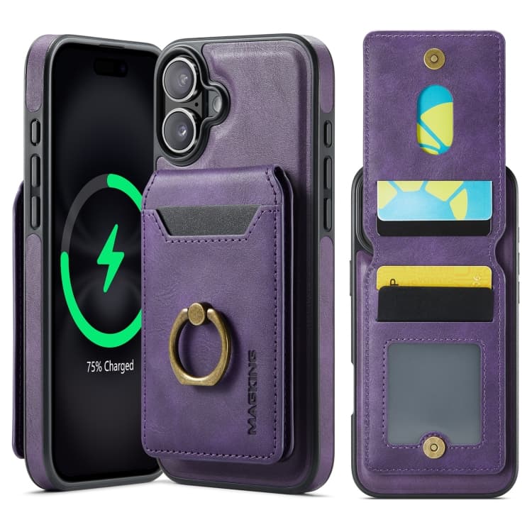 For iPhone 16 MAGKING K1 MagSafe Detachable Wallet RFID Back Cover Phone Case(Purple) - Immagine 1