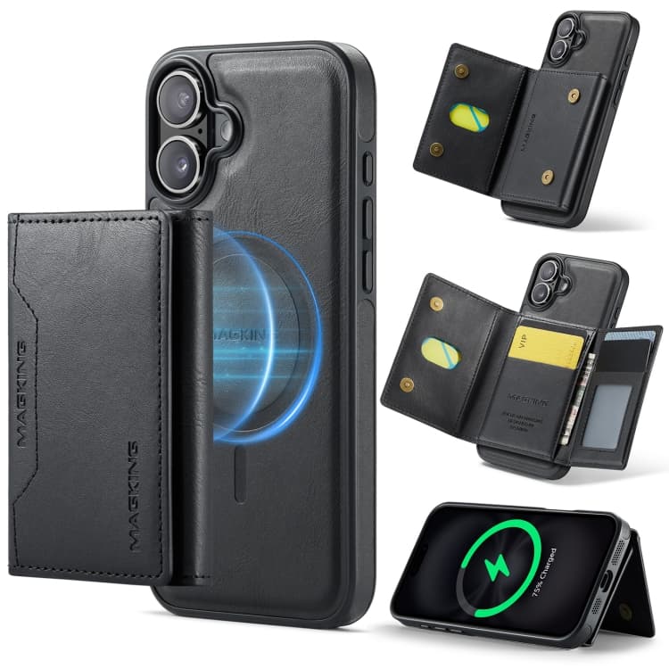 For iPhone 16 MAGKING K2 Series MagSafe RFID Card Bag Detachable Phone Case(Black) - Immagine 1