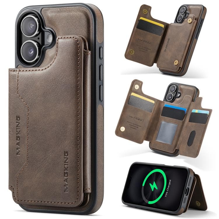 For iPhone 16 MAGKING K3 Series MagSafe RFID Card Bag Detachable Phone Case(Coffee) - Immagine 1