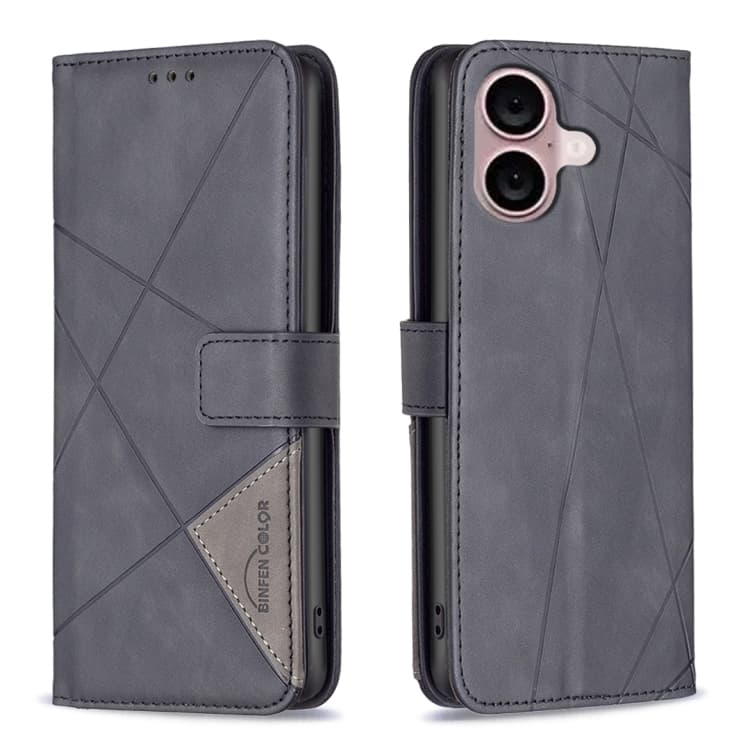 For iPhone 16 Magnetic Buckle Rhombus Texture Leather Phone Case(Black) - Immagine 1