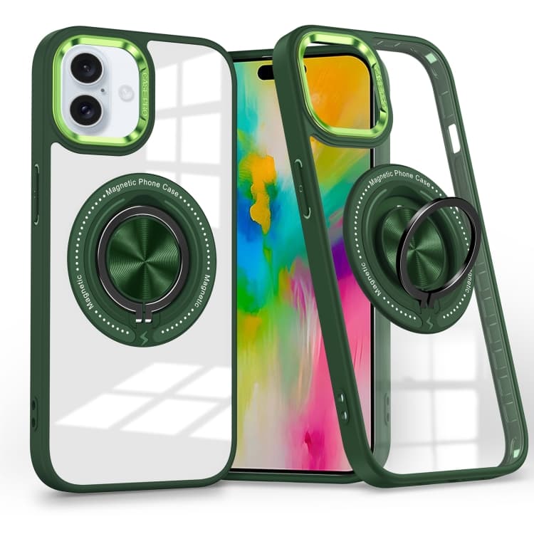 For iPhone 16 Magnetic Rotating Ring Holder Phone Case(Dark Green) - Immagine 1