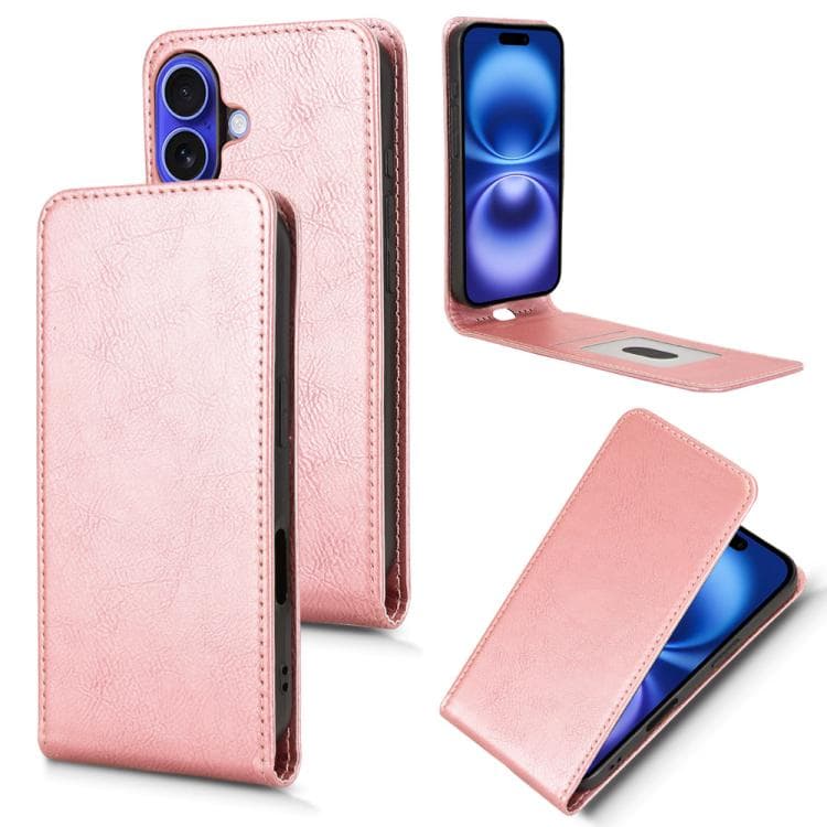 Custodia in pelle magnetica verticale per iPhone 16 (Rosa Oro) - Immagine 1