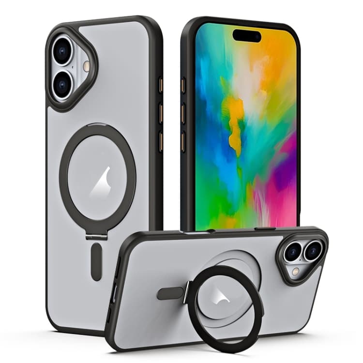 For iPhone 16 MagSafe Airbag Shockproof Frosted Phone Case with Fold Holder(Black) - Immagine 1