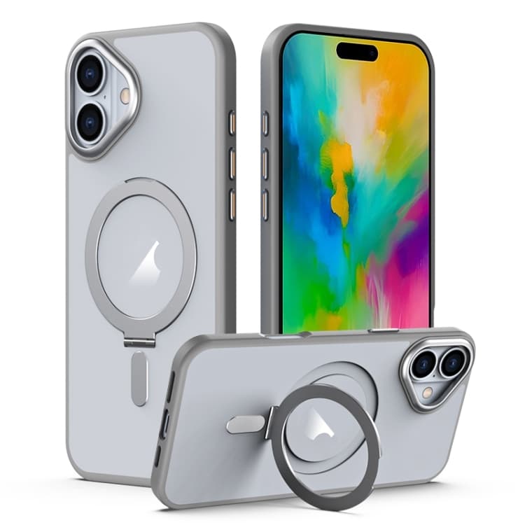 For iPhone 16 MagSafe Airbag Shockproof Frosted Phone Case with Fold Holder(Grey) - Immagine 1