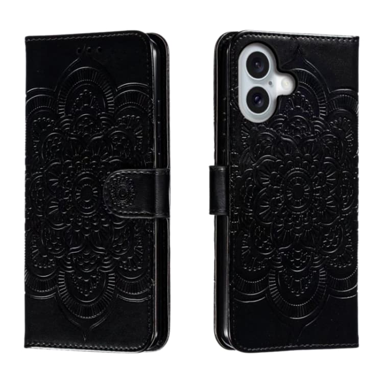 For iPhone 16 Mandala Embossing Pattern Horizontal Flip Leather Phone Case(Black) - Immagine 1