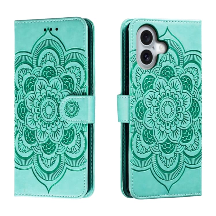 For iPhone 16 Mandala Embossing Pattern Horizontal Flip Leather Phone Case(Green) - Immagine 1