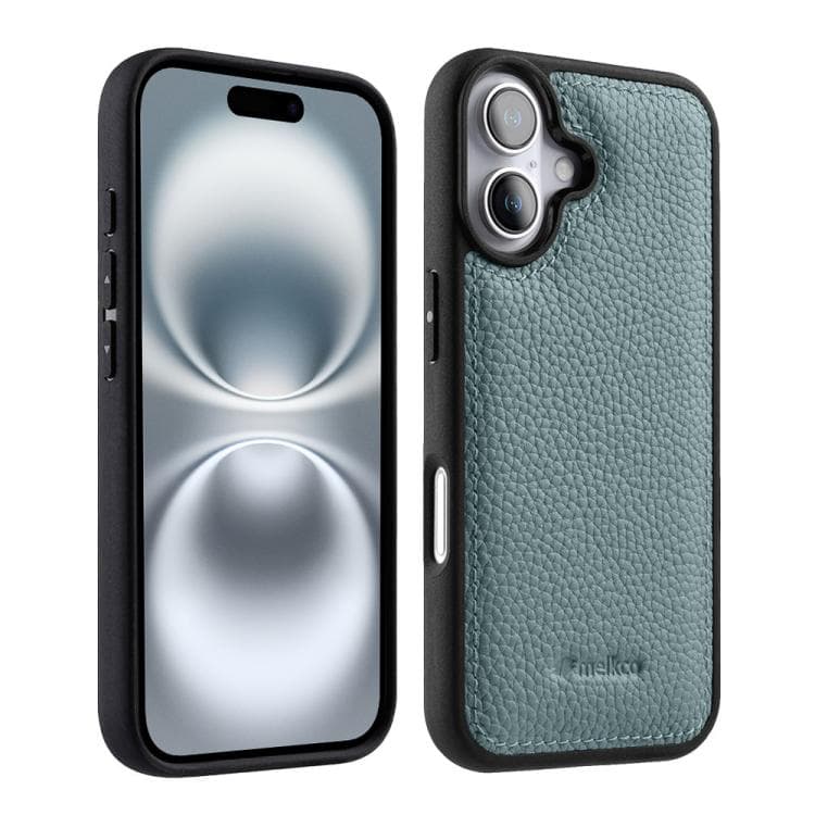 For iPhone 16 melkco Litchi Texture Full Coverage Genuine Leather Hybrid PC Phone Case(Light Blue) - Immagine 1