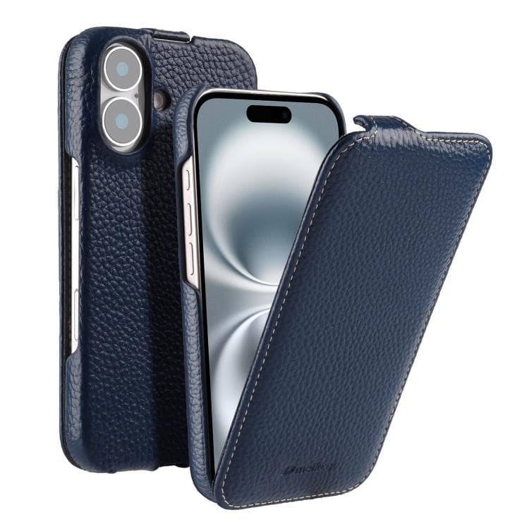 For iPhone 16 melkco Litchi Texture Vertical Flip Magnetic Genuine Leather Phone Case(Dark Blue) - Immagine 1