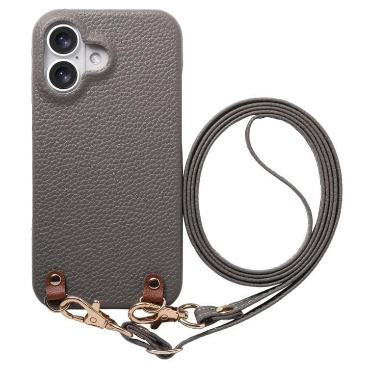 For iPhone 16 Metal Buckle Crossbody Lanyard Litchi Texture PU Back Phone Case(Gray) - Immagine 1