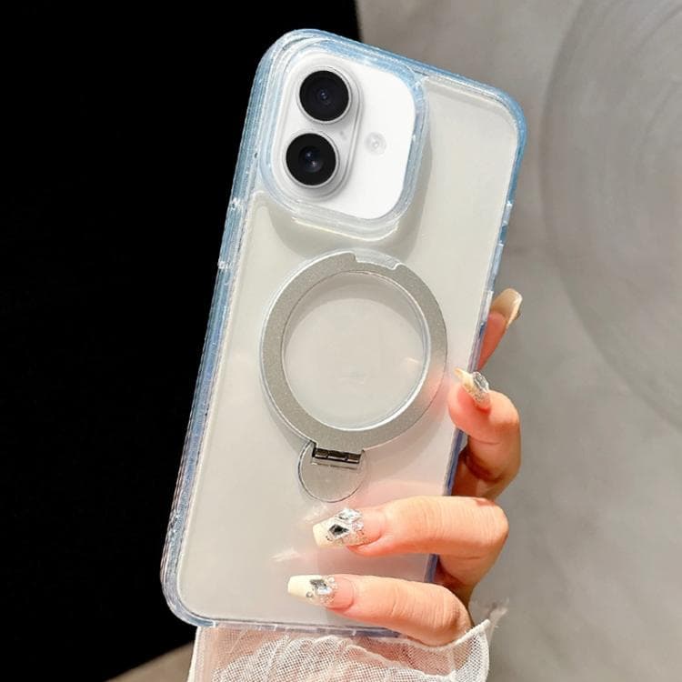 For iPhone 16 Metal Holder MagSafe PC Hybrid TPU Phone Case(White) - Immagine 1