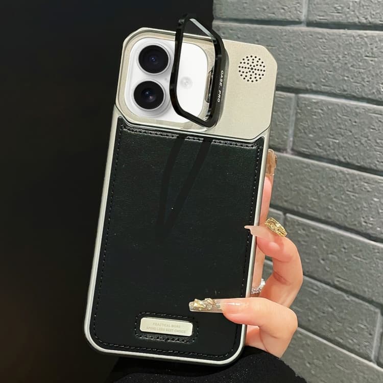 For iPhone 16 Metal Holder Plain Leather MagSafe Phone Case(Black) - Immagine 1