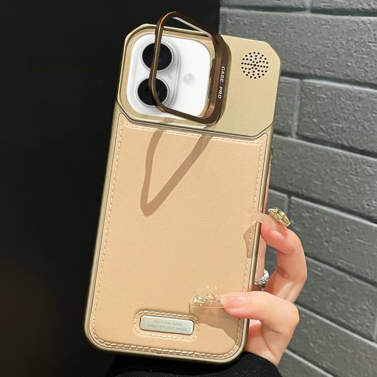 For iPhone 16 Metal Holder Plain Leather MagSafe Phone Case(Gold) - Immagine 1