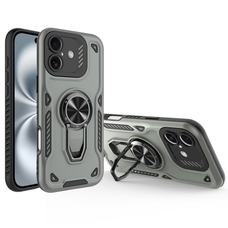 For iPhone 16 Metal Rotating Bracket TPU + PC Magnetic Phone Case(Carbon Grey) - Immagine 1