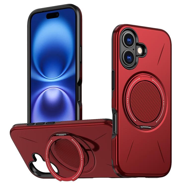 For iPhone 16 Metal Rotation Holder MagSafe TPU Hybrid PC Phone Case(Red) - Immagine 1