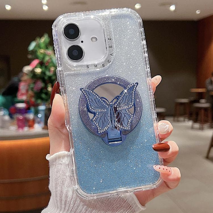 For iPhone 16 Mirror Butterfly Holder Glitterr MagSafe Phone Case(Blue) - Immagine 1