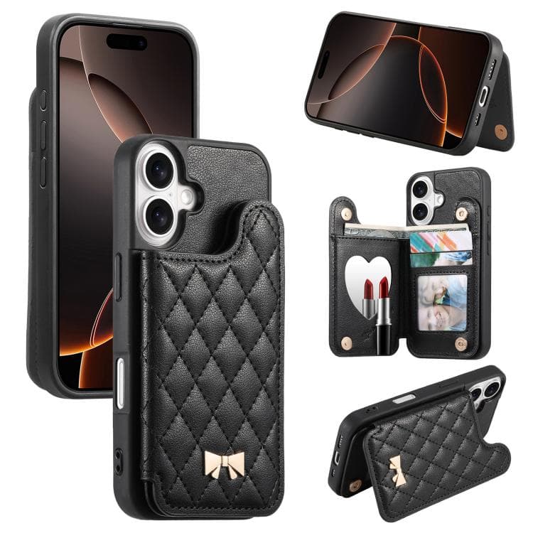 For iPhone 16 Mirror Rhombic Texture Metal Bow-knot Vegan Leather Card Bag Phone Case(Black) - Immagine 1