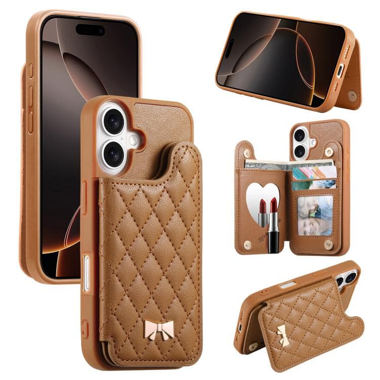 For iPhone 16 Mirror Rhombic Texture Metal Bow-knot Vegan Leather Card Bag Phone Case(Brown) - Immagine 1
