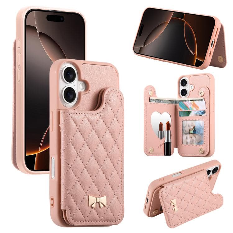 For iPhone 16 Mirror Rhombic Texture Metal Bow-knot Vegan Leather Card Bag Phone Case(Pink) - Immagine 1