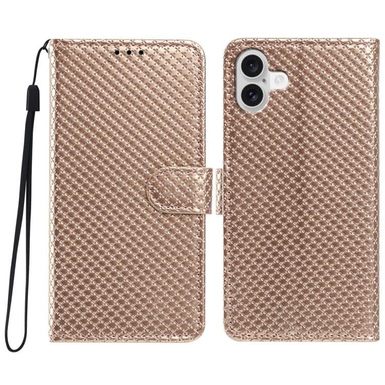 For iPhone 16 Mirrored Buckle Vegan Leather Phone Case with Small Black Cord(Gold) - Immagine 1