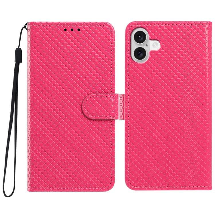 For iPhone 16 Mirrored Buckle Vegan Leather Phone Case with Small Black Cord(Rose Red) - Immagine 1