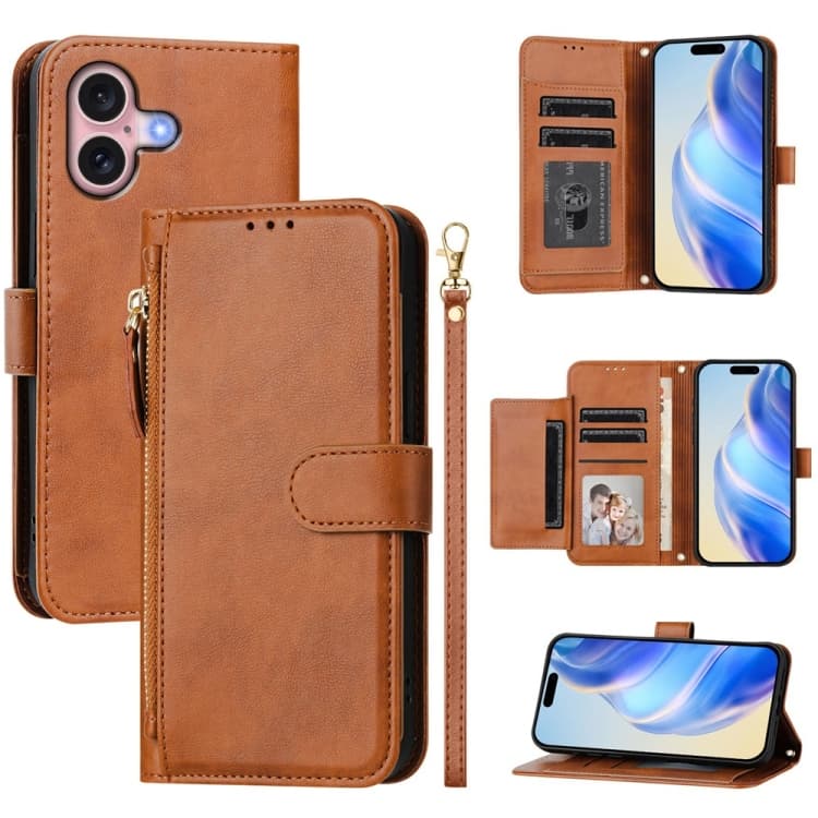 For iPhone 16 Multi-Card Slots Zipper Wallet Leather Phone Case(Brown) - Immagine 1