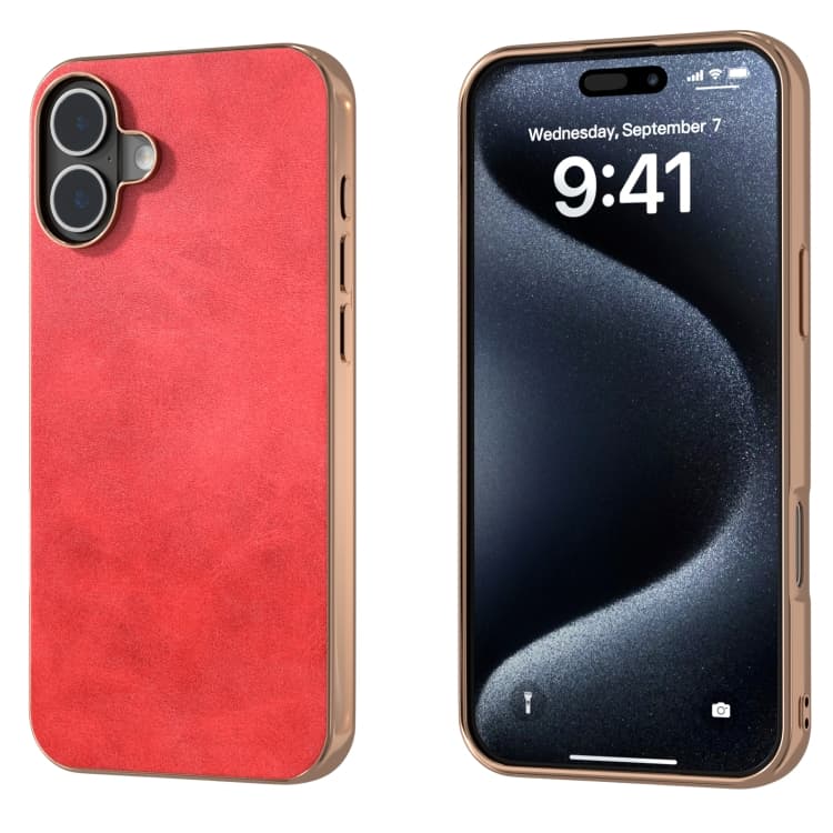For iPhone 16 Nano Electroplating Dual Color Cowhide Texture Protective Phone Case(Red) - Immagine 1
