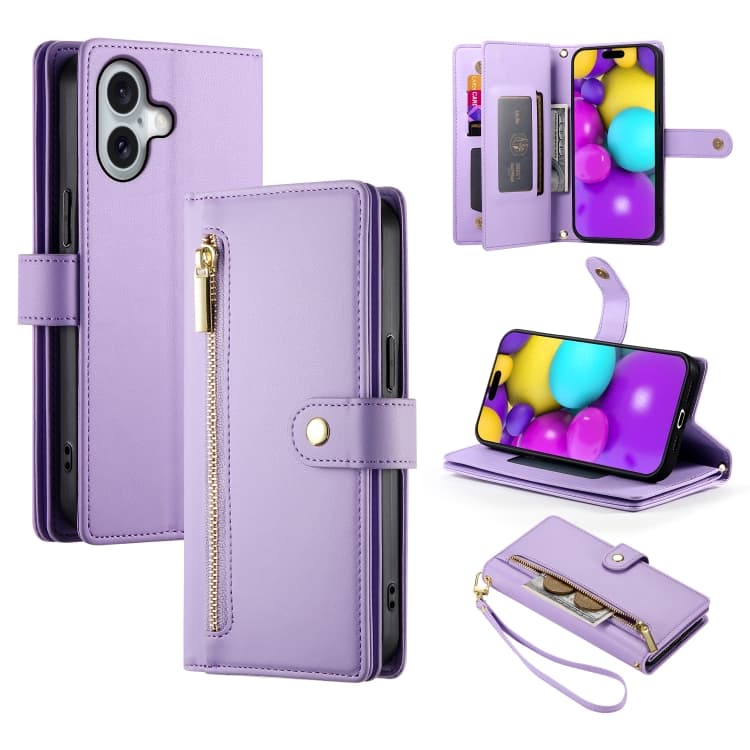 For iPhone 16 Nine Card-slot Zipper Wallet Bag Leather Phone Case(Purple) - Immagine 1