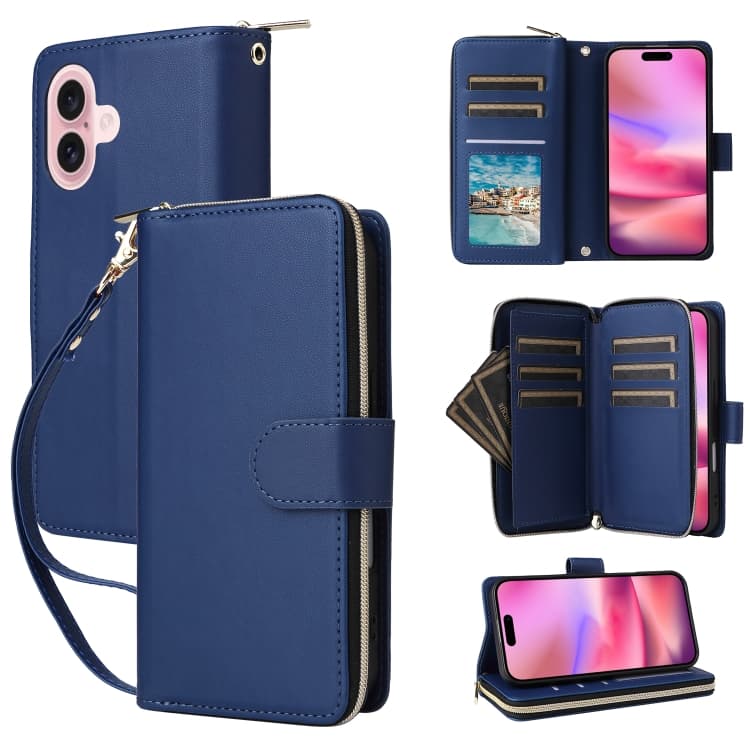 For iPhone 16 Nine-card Slots Zipper Wallet Bag Leather Phone Case(Blue) - Immagine 1