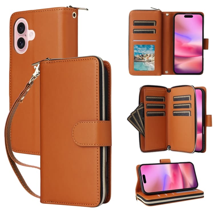 For iPhone 16 Nine-card Slots Zipper Wallet Bag Leather Phone Case(Brown) - Immagine 1