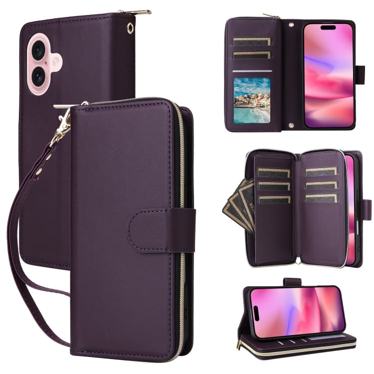 For iPhone 16 Nine-card Slots Zipper Wallet Bag Leather Phone Case(Dark Purple) - Immagine 1