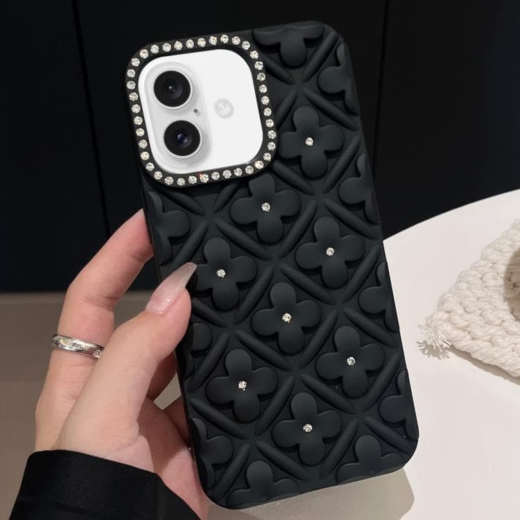 For iPhone 16 Oil-sprayed 3D Flower Diamond TPU Phone Case(Black) - Immagine 1