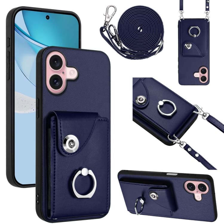 For iPhone 16 Organ Card Bag Ring Holder Phone Case with Long Lanyard(Blue) - Immagine 1