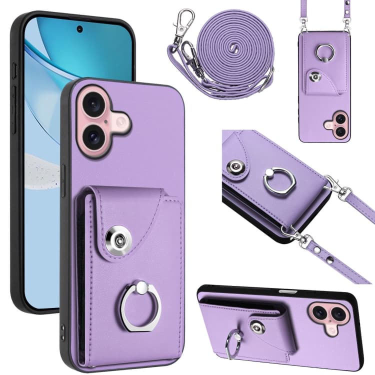 For iPhone 16 Organ Card Bag Ring Holder Phone Case with Long Lanyard(Purple) - Immagine 1