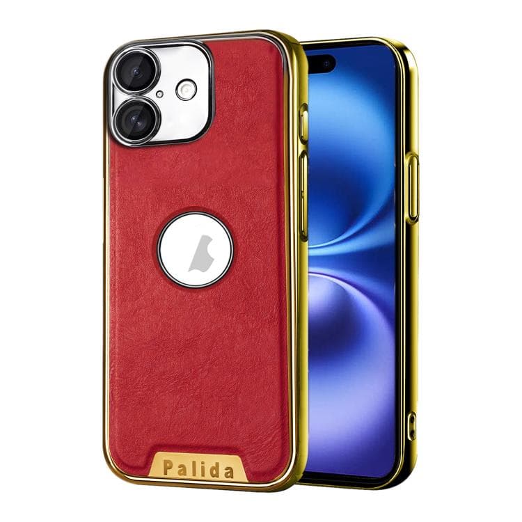For iPhone 16 Palida Electroplated Mecha-Style Vegan Leather Shockproof Phone Case(Red) - Immagine 1