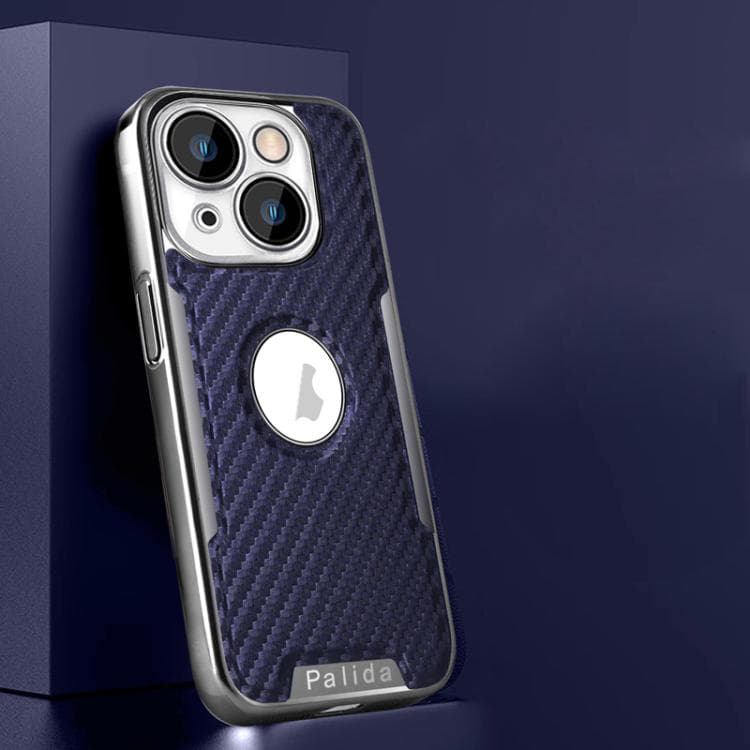 For iPhone 16 Palida Y7 Electroplated Carbon Fiber Texture Lens Film Phone Case(Blue) - Immagine 1