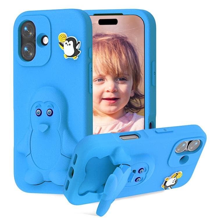 For iPhone 16 Penguin Baby EVA Shockproof Phone Case with Holder(Blue) - Immagine 1