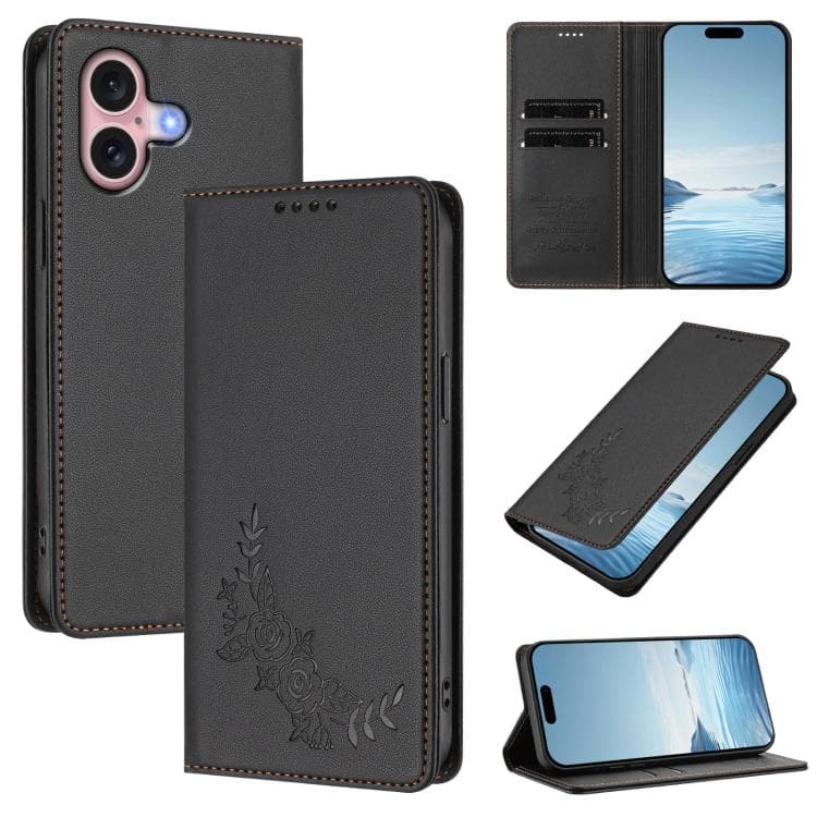 For iPhone 16 Peony Embossed Magnetic RFID Vegan Leather Phone Case(Black) - Immagine 1