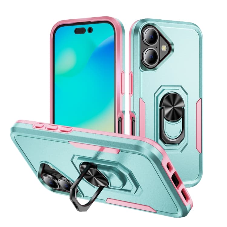 For iPhone 16 Pioneer Armor Heavy Duty PC + TPU Phone Case with Holder(Green+Pink) - Immagine 1