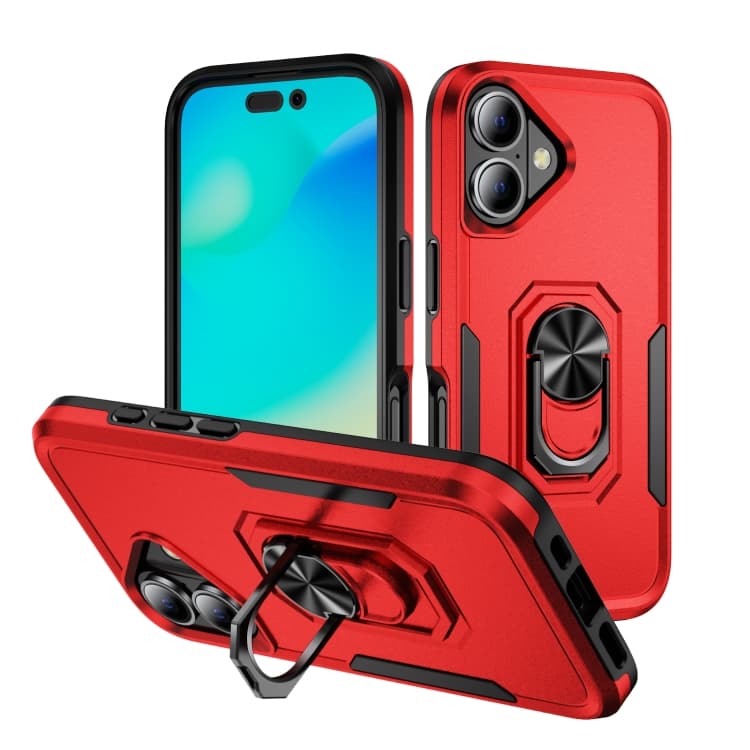 For iPhone 16 Pioneer Armor Heavy Duty PC + TPU Phone Case with Holder(Red+Black) - Immagine 1