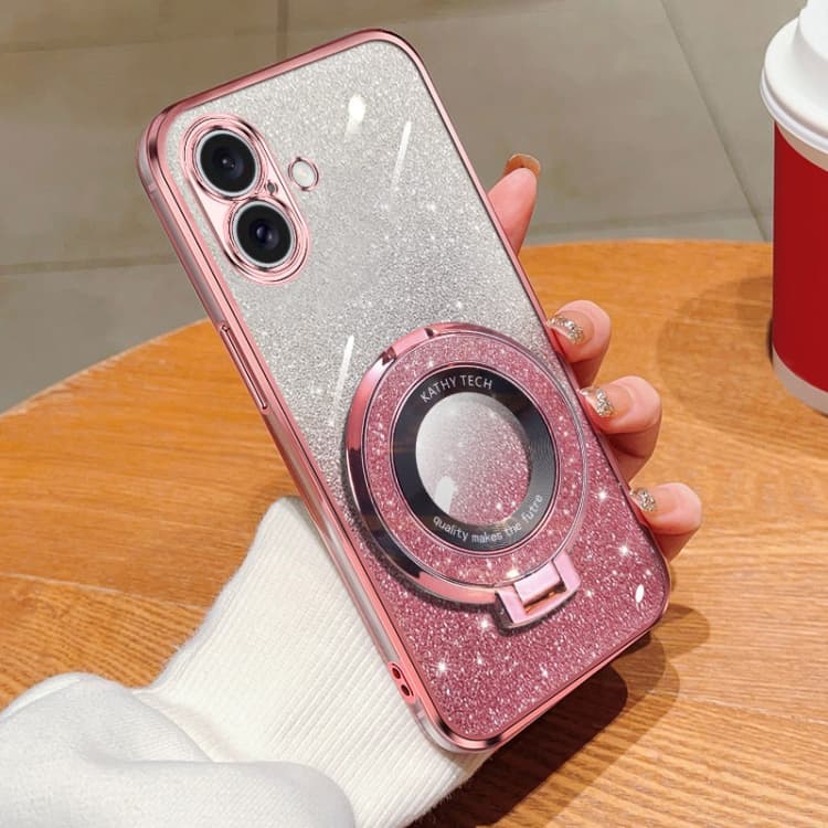For iPhone 16 Plated Gradient Glitter Round Holder TPU Phone Case(Pink) - Immagine 1