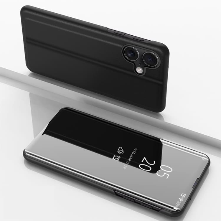 For iPhone 16 Plated Mirror Horizontal Flip Leather Phone Case with Holder(Black) - Immagine 1