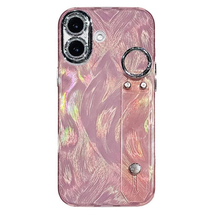 For iPhone 16 Plating Feather-Gauze Texture Wristband Holder TPU Phone Case with Lens Film(Pink) - Immagine 1