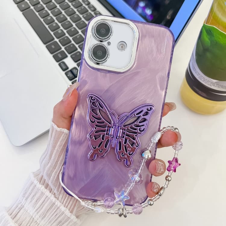 For iPhone 16 Plating Glitter Lens Film Texture Butterfly Holder Wristband Phone Case(Purple Feather Yarn) - Immagine 1