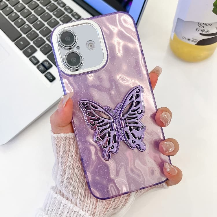 For iPhone 16 Plating Glitter Texture Butterfly Holder TPU Phone Case with Lens Film(Purple Wrinkles) - Immagine 1