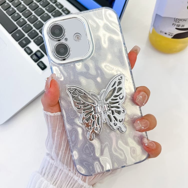 For iPhone 16 Plating Glitter Texture Butterfly Holder TPU Phone Case with Lens Film(White Wrinkles) - Immagine 1